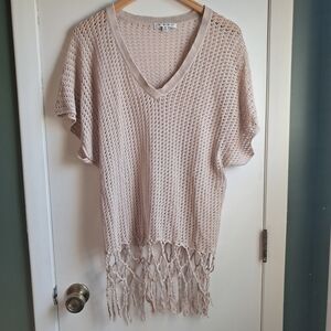 CAbi Light Beige Knit Fringe Blouse